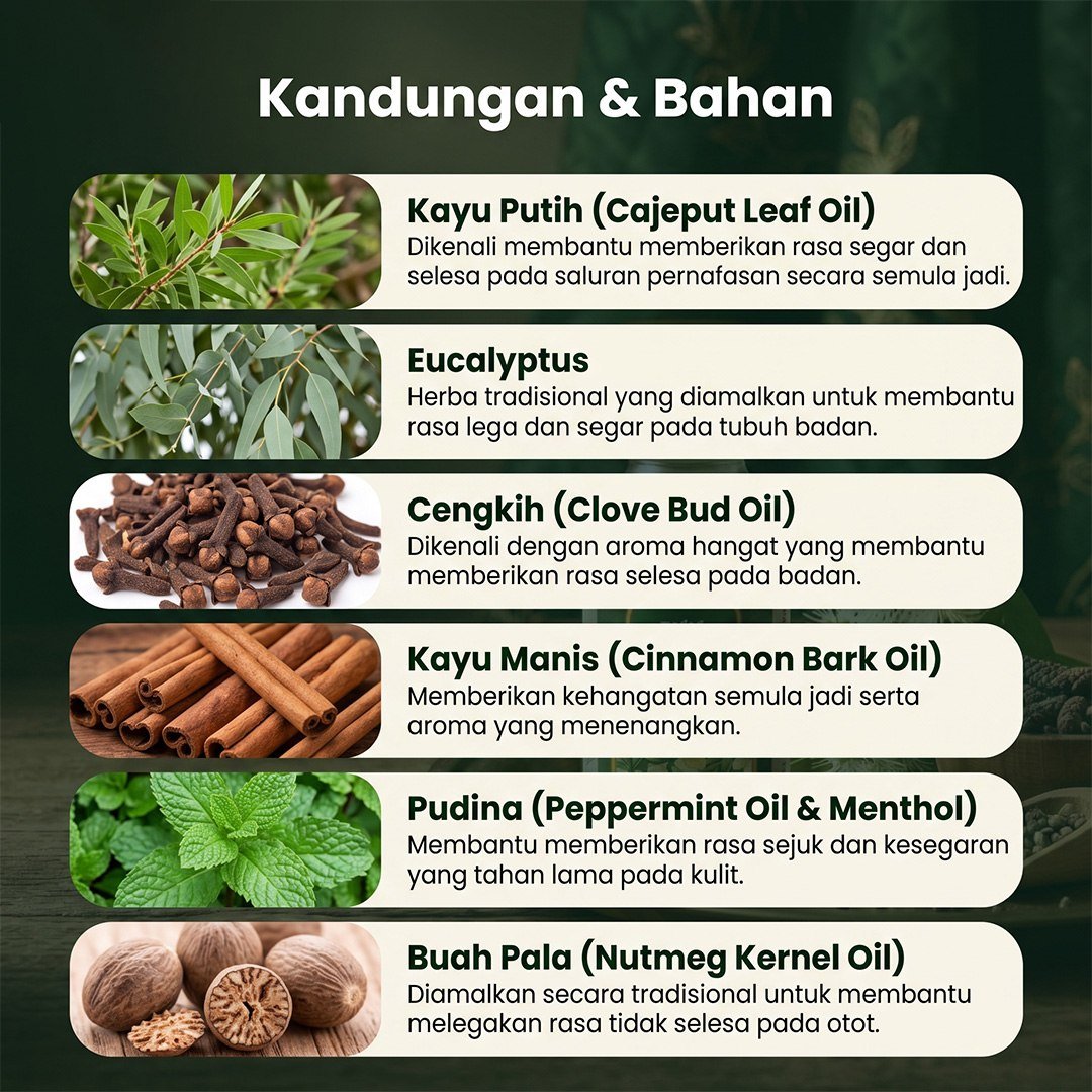 Senarai bahan dalam bahan promosi Al-Kajibut: kayu putih, kayu putih, cengkih, kayu manis, pudina dan buah pala